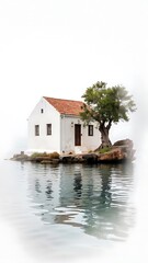 Fototapeta premium Minimalist Dreamlike Island Scene with White House and Red Roof beside Tree and Rock Face Reflected on Calm Water