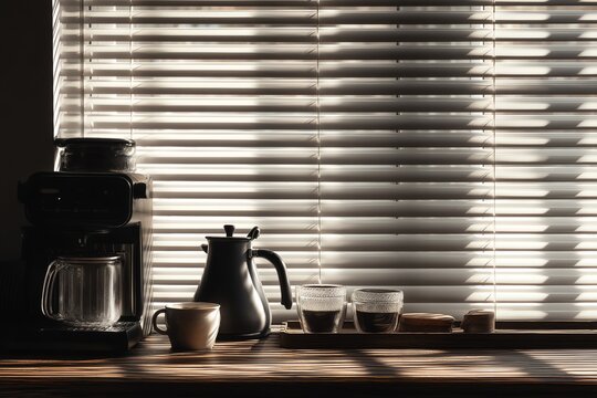 Coffee maker and cups on a wooden surface by a window with blinds