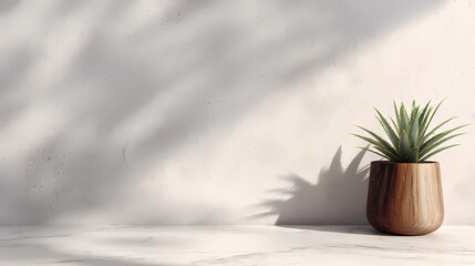 3D rendering of a wooden pot with an agave plant on a white wall background with a shadow effect.