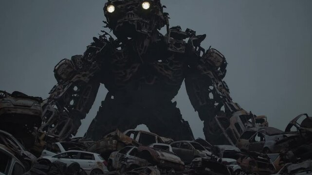 Robot g&eacute;ant de fer dans d&eacute;charge de voitures