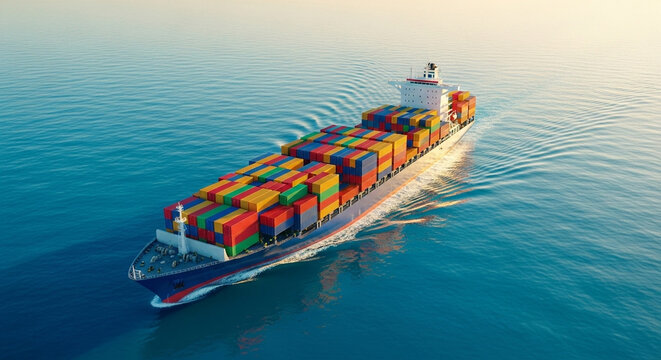 Aerial view of a container ship sailing on the ocean carrying colorful cargo containers on a sunny day