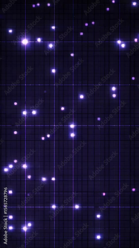 Poster abstract digital grid with bright glowing dots on dark purple background with blue and black lines c