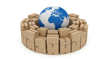 Globe surrounded by cardboard boxes in a circular arrangement on a white background studio shot