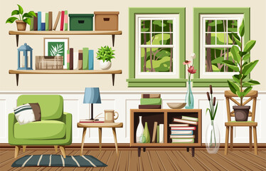 Living room interior with two windows, an armchair, bookshelves, and houseplants. Cozy room interior design. Cartoon vector illustration