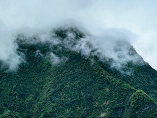 Misty green mountain peak shrouded in clouds