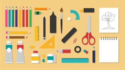 Flat Lay of Art Supplies: Colorful Pencils, Paints, and Drawing Tools