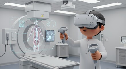 Young scientist explores virtual human anatomy using futuristic VR headset and controllers in a modern medical facility.