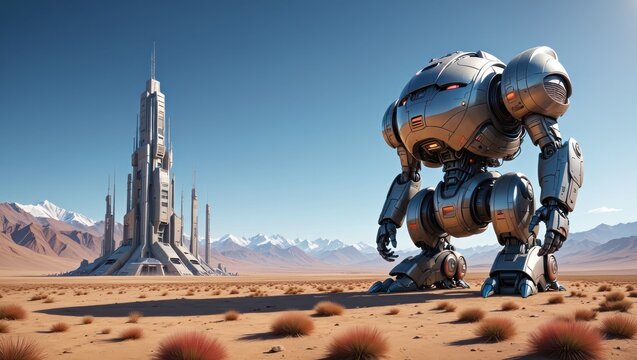 Futuristic robot stands in desert near alien cityscape