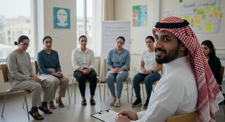 A diverse group listens attentively as a man in traditional Middle Eastern attire leads a discussion, fostering intercultural understanding and