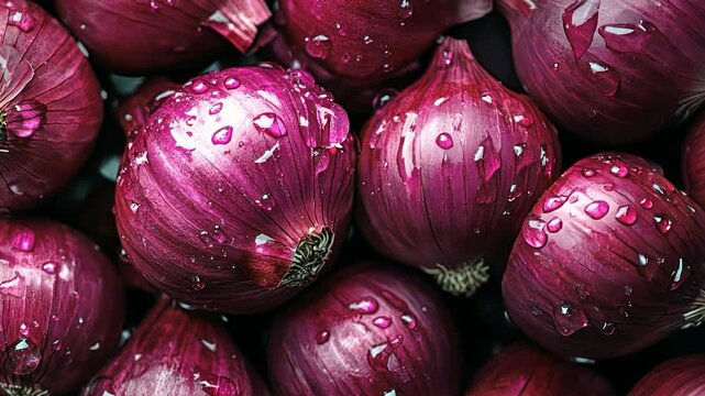 Close-up of wet red onions