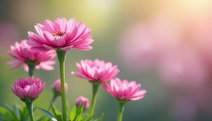 Fototapeta premium Delicate pink dianthus blooms against a soft spring backdrop , sunlight, springtime, background