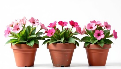 Delicate pink flowers bloom in aged terracotta pots, isolated on white , plant, macro
