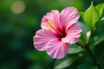 Fototapeta premium Delicate pink hibiscus, vibrant petals, lush green foliage, flower, plant photography, bright pink