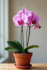 Delicate pink orchid blooms in terracotta pot, nature, vibrant, blossom