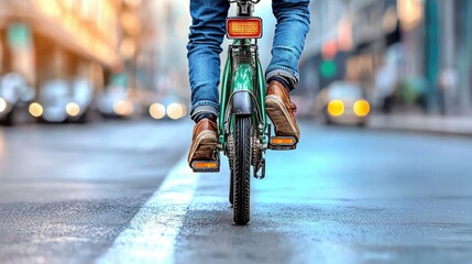 Urban Cycling: A Rear View of a Cyclist on a Green Bike Riding Down a City Street