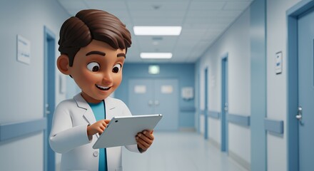 Young doctor uses a tablet in a modern hospital hallway, showcasing healthcare technology and a bright future for medicine.