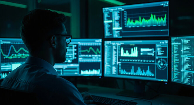 IT Support Man Data Analyst Analyzing Digital Data on Multiple Monitors in Dark Room