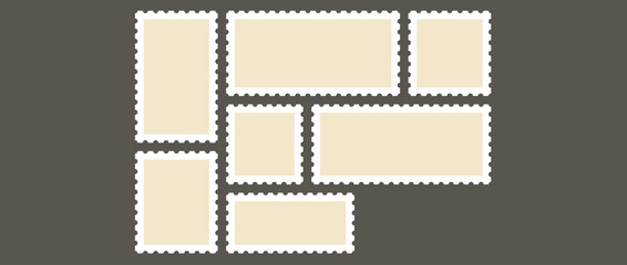 Obraz premium Postage stamp set. Post stamp frames and borders. Beige round and rectangular template for mail, postcard, letter. Jagged wavy edge forms. Vintage objects for poster, banner, badge, sticker.