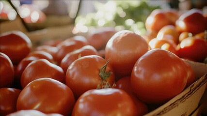 Farm fresh, vine ripe tomatoes on display for sale at a market or farm stand. - Powered by Adobe