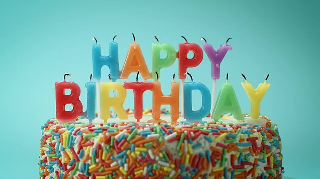 Colorful Sprinkled Birthday Cake Topped with Lit Happy Birthday Candles Against a Serene Blue Backdrop for Celebrations