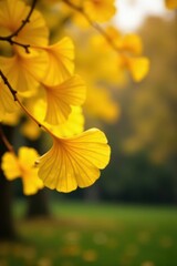Obraz premium Fan-shaped ginkgo leaves, brilliant yellow against autumn garden backdrop , macro, park, sunlight