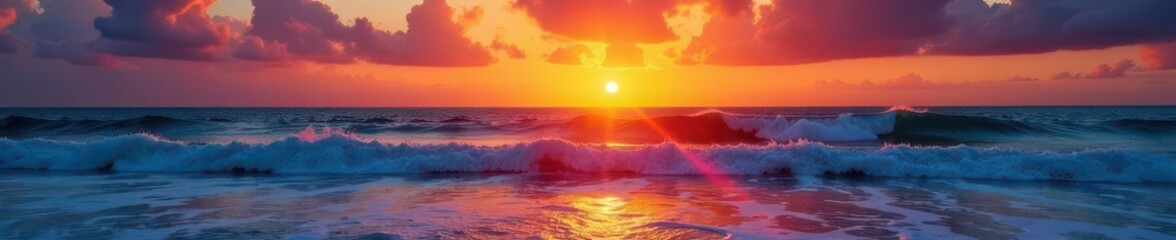 Fototapeta premium Fiery sunset paints sky, waves crash on shore, landscape, nature photography, coastal landscape