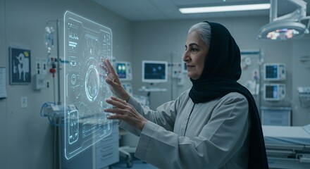 Elderly female doctor interacts with a futuristic holographic medical interface in a modern hospital setting.
