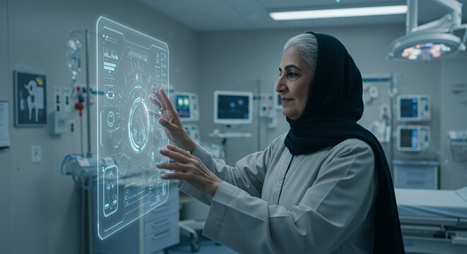 Elderly female doctor interacts with a futuristic holographic medical interface in a modern hospital setting. - Powered by Adobe