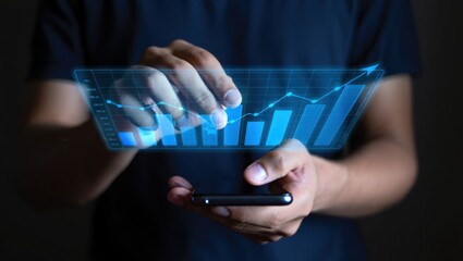 Man analyzing rising financial graph on futuristic interface