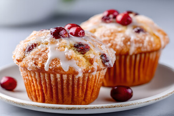 Cranberry orange muffins with sugar glaze on a plate
