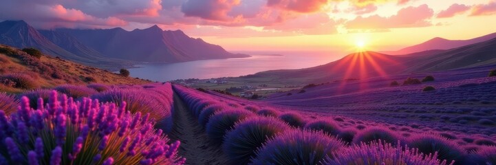 Golden hour light bathes Hvar's lavender mountains , sunrise, travel