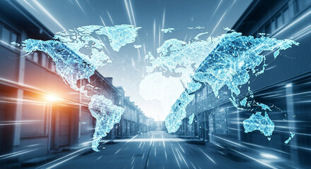 Digital world map overlay on a blurred street with motion lines and a bright light source behind it