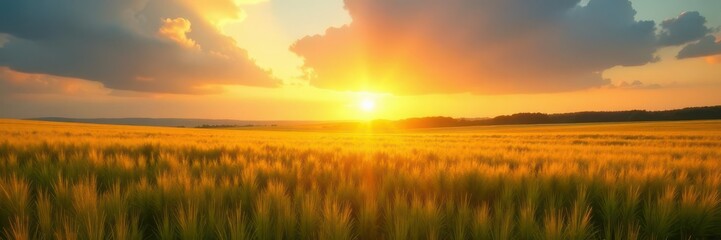 Golden hour sunbeams across vast, waving field , farmland, outdoors, ecology