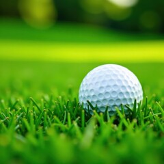 Obraz premium Golf ball nestled in perfectly manicured grass, green, texture