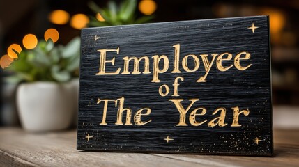 Elegant Employee of the Year Plaque on Wooden Surface with Green Plants and Soft Background Lights for Recognition Events