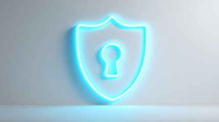 Glowing neon shield with keyhole emblem, security concept, on a gray gradient background