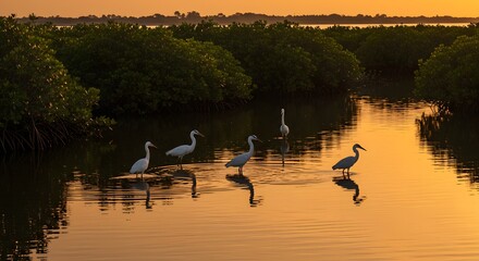 Egrets in Mangrove Stream at Sunset