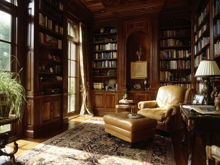 Cozy wooden library with bookshelves and comfortable seating area