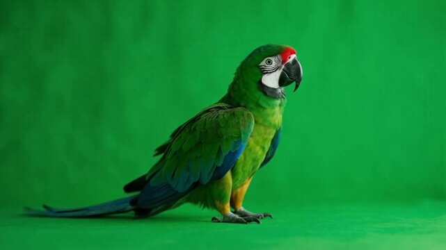 Green winged macaw standing tall against a vibrant green backdrop in a studio setting green screen bird video