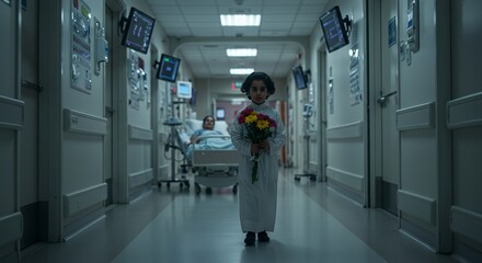Young child in white robe carries flowers down a dimly lit hospital corridor, visiting a patient.