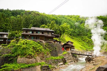 Traditional Japanese village street near Jigokudani Monkey Park in Nagano

