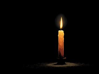 A single candle flickers in the darkness, its warm, radiant glow casting shadows. The candle symbolizes serenity and tranquility.