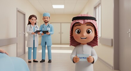 Cheerful young boy in traditional clothing offers a "Get Well" card in a hospital hallway, while doctors observe.