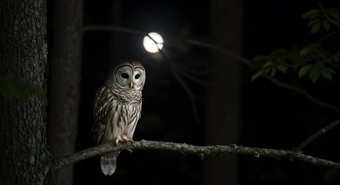 Barred Owl Perched Under Moonlight in Dark Forest
