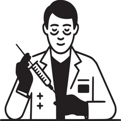A doctor in a lab coat holding a syringe with black gloves on a white background in a line drawing style