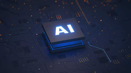 A 3D rendering of an AI chip on a circuit board, symbolizing technological advancement and the integration of artificial intelligence.
