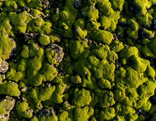 Naklejka premium Vibrant green moss covers dark volcanic rock, creating a rich, textured natural background. Aerial view showcasing the lush, organic forms and bright sunlight on the terrestrial landscape.