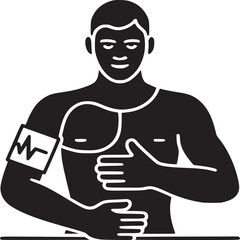 Man with blood pressure cuff holding chest in black and white minimalist medical illustration style