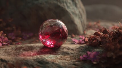 Serene Nature Setting: Red Glass Sphere & Crystal Orb in Enchanted Landscape