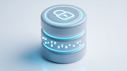 A sleek, cylindrical data server with a glowing lock icon, symbolizing digital security